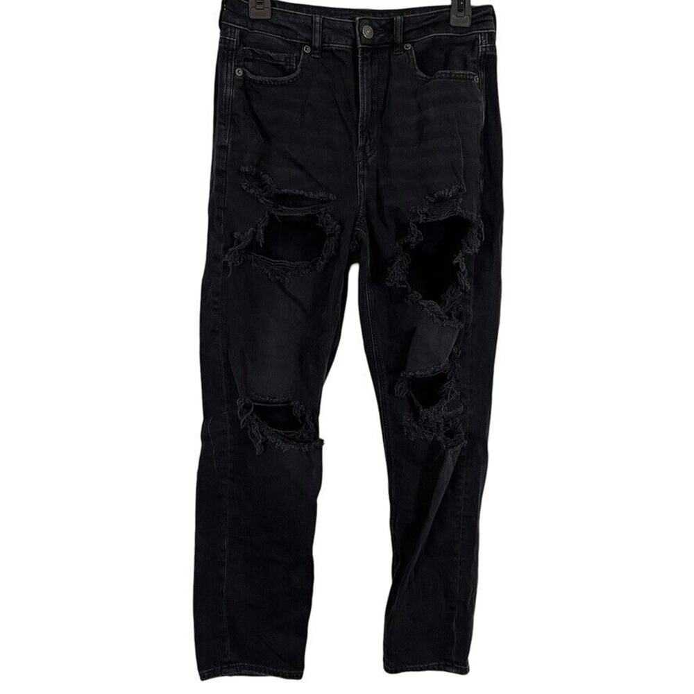 American Eagle Mom Jeans Black Wash Distressed High Rise Stretch Denim Goth 6